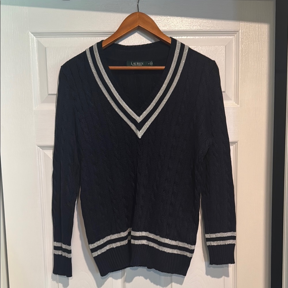 Lauren Navy V-Neck Sweater with Silver Stripes Size Medium